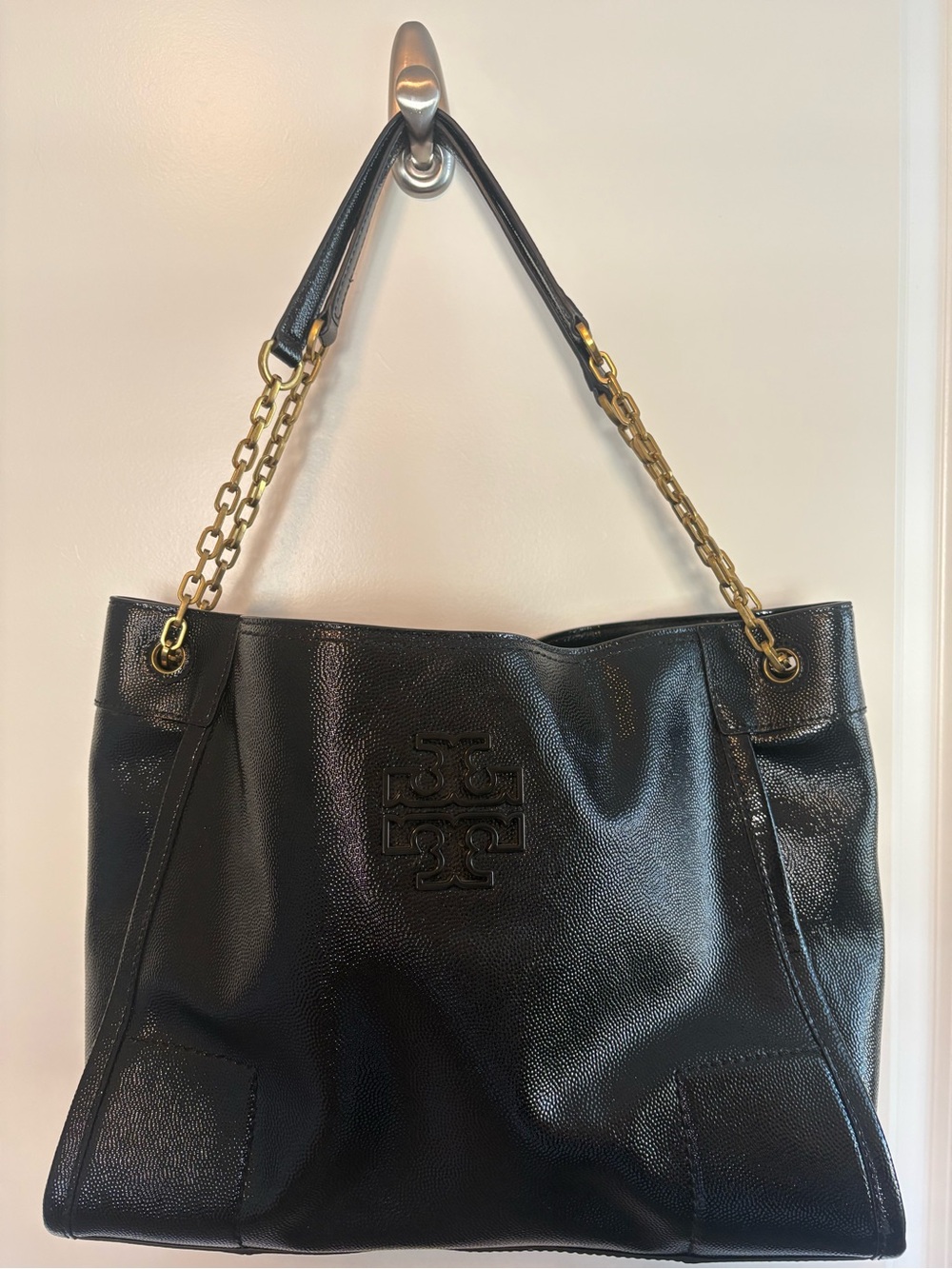 Tory Burch Black Leather Tote with Gold Chain-Strap